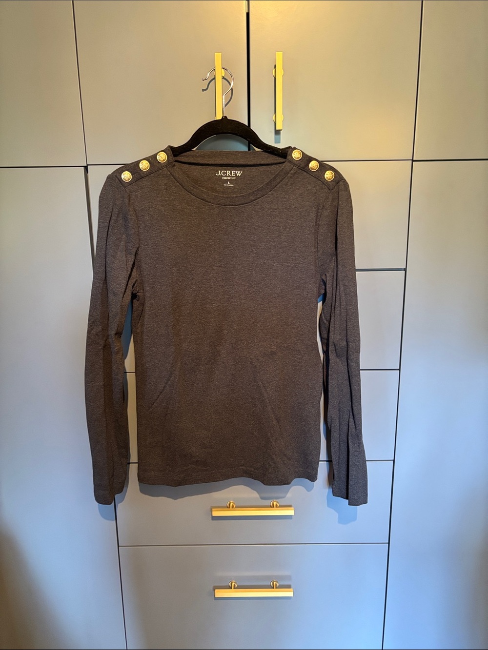 J Crew charcoal T-shirt with gold buttons